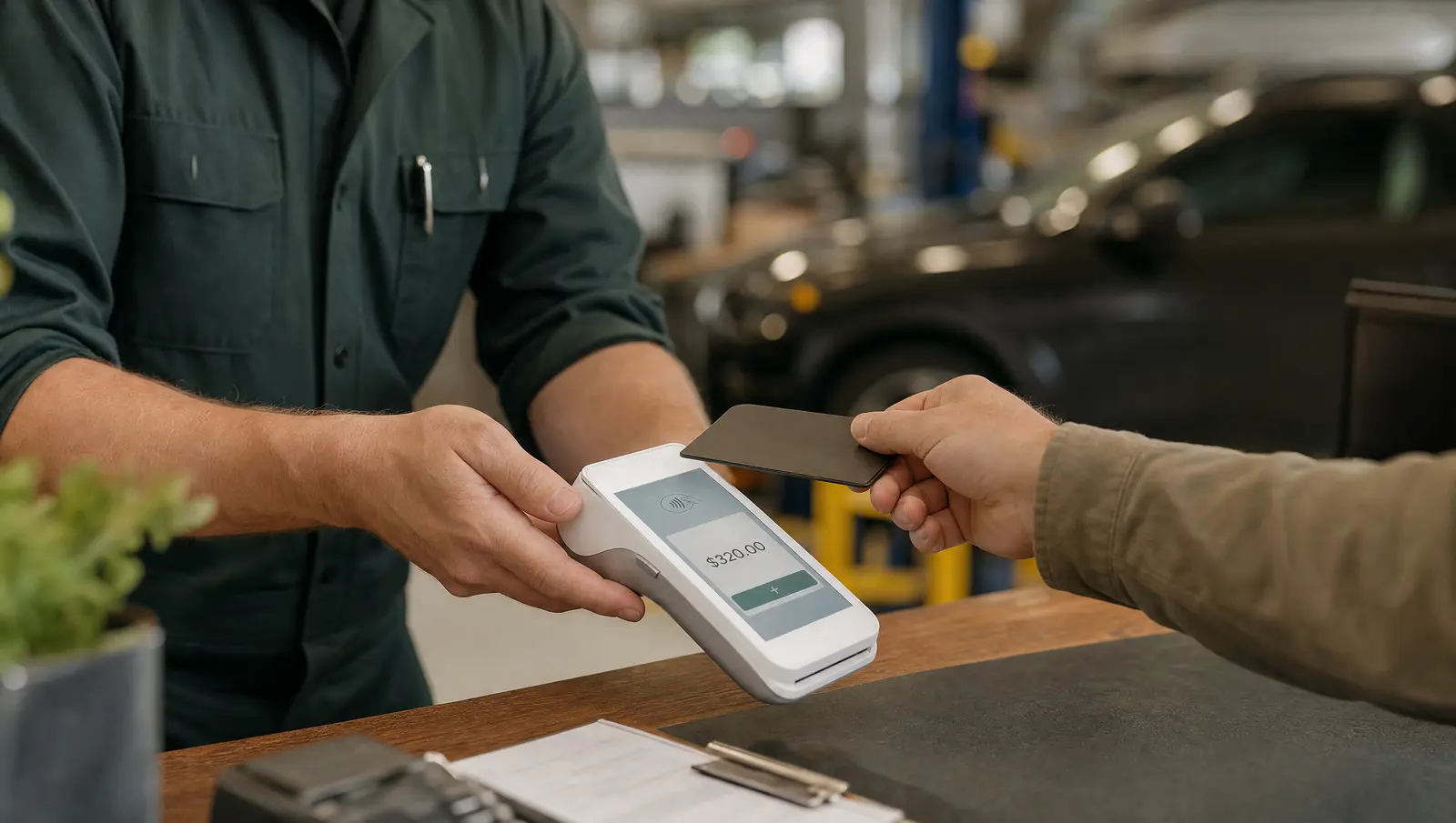 A customer pays at an auto repair shop service counter on a white PAX handheld card terminal.