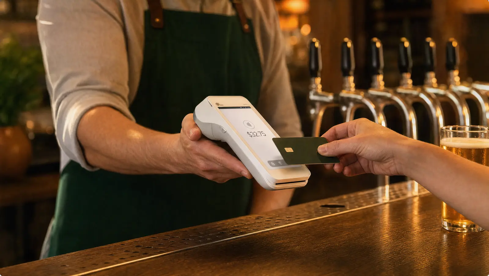A bartender in a green apron takes a card payment at a taproom bar on a white PAX handheld terminal, beer taps behind.