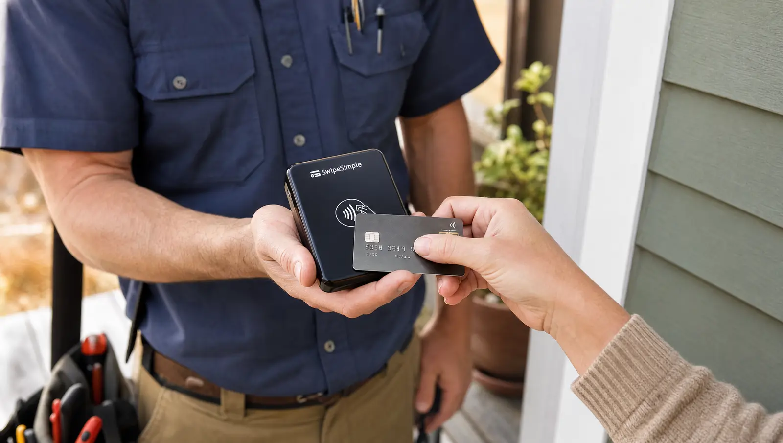 A contractor takes a contactless credit card tap payment from a homeowner at the door using a SwipeSimple mobile reader.