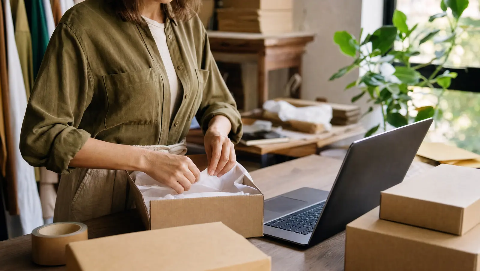 An online-business owner packs a customer order at a shipping table with a laptop and kraft boxes.