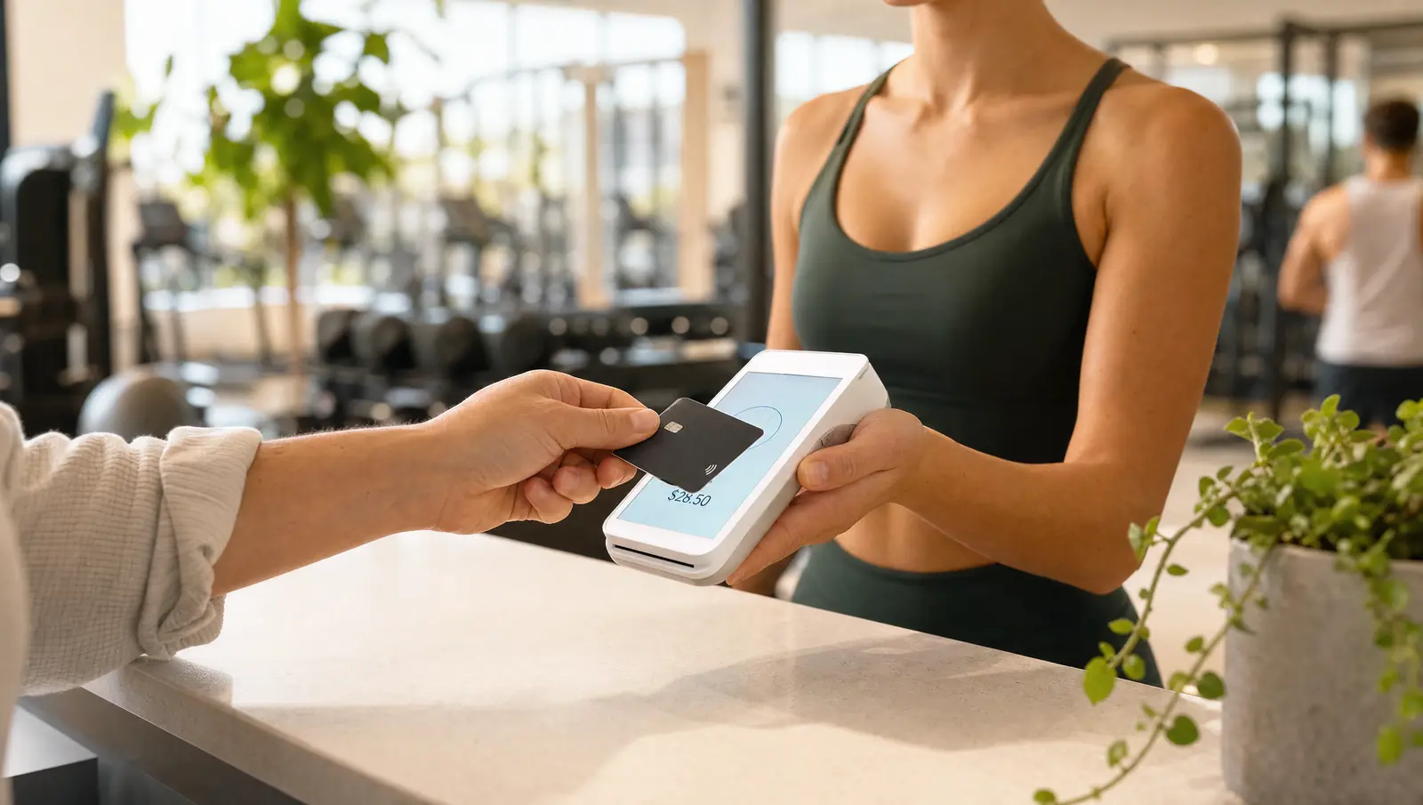 A member pays at a gym and fitness studio front desk on a white PAX handheld card terminal.