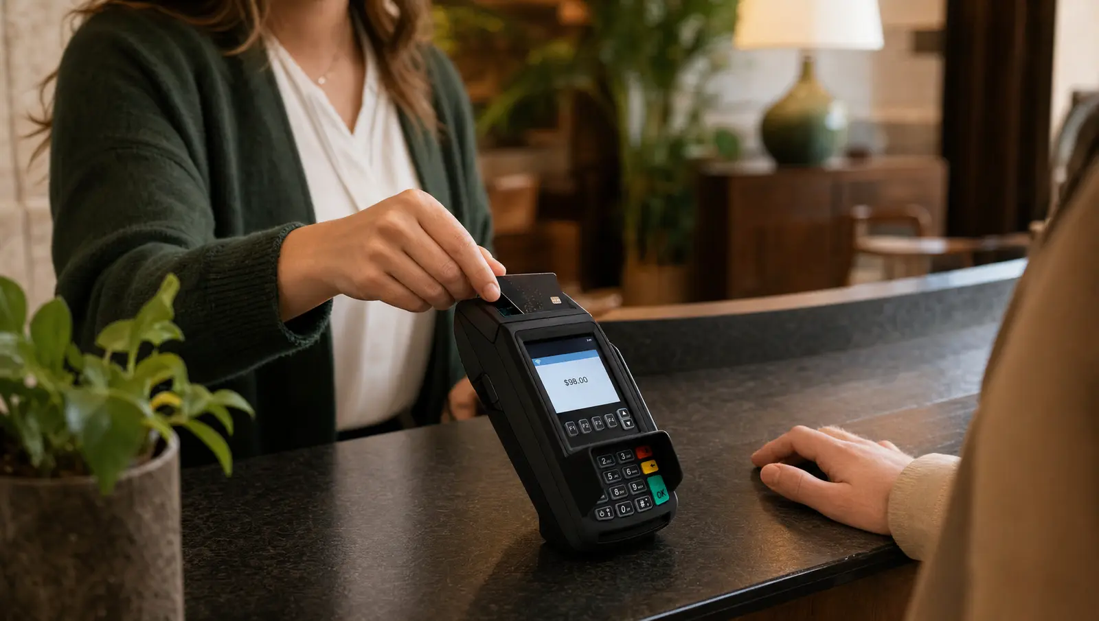 A front-desk clerk takes a guest's card at a boutique hotel check-in counter on a Dejavoo countertop terminal.