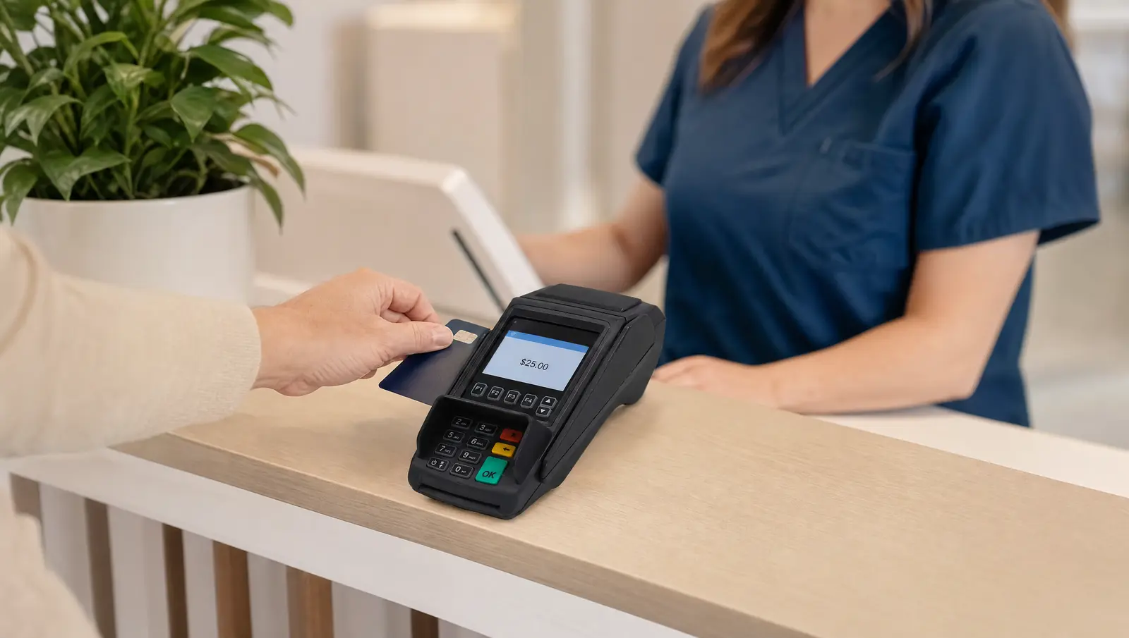 A patient taps a credit card at a medical clinic reception desk on a countertop terminal.