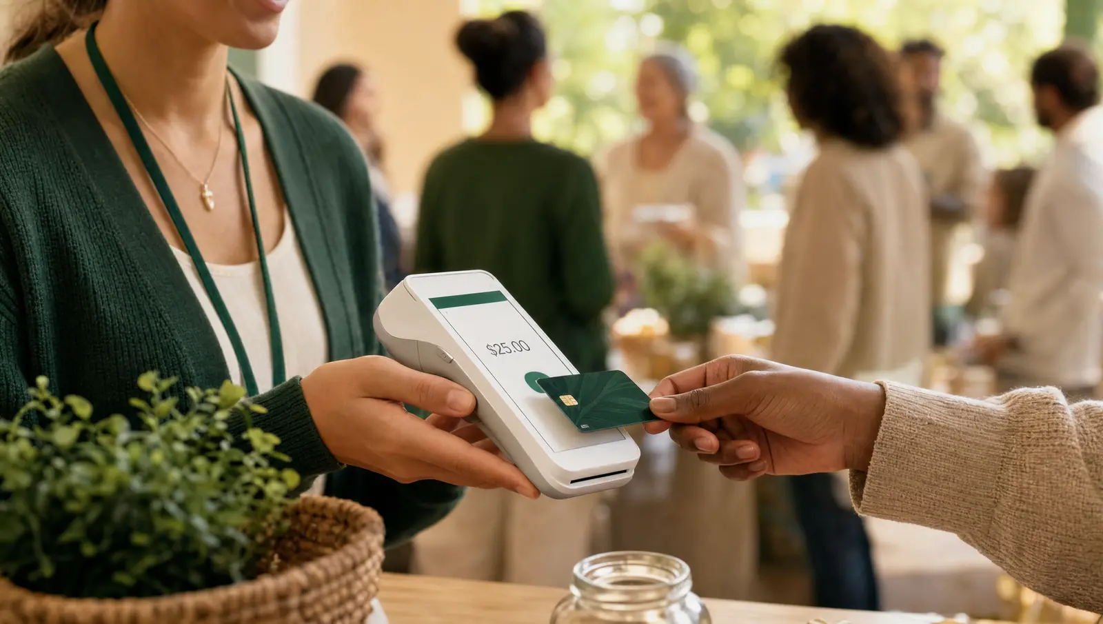 A nonprofit volunteer takes a donation at a community event on a white PAX handheld terminal beside a donation jar.