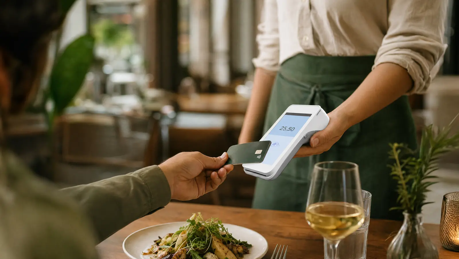 A server takes a contactless card payment at the table on a white PAX handheld terminal in a warm restaurant.