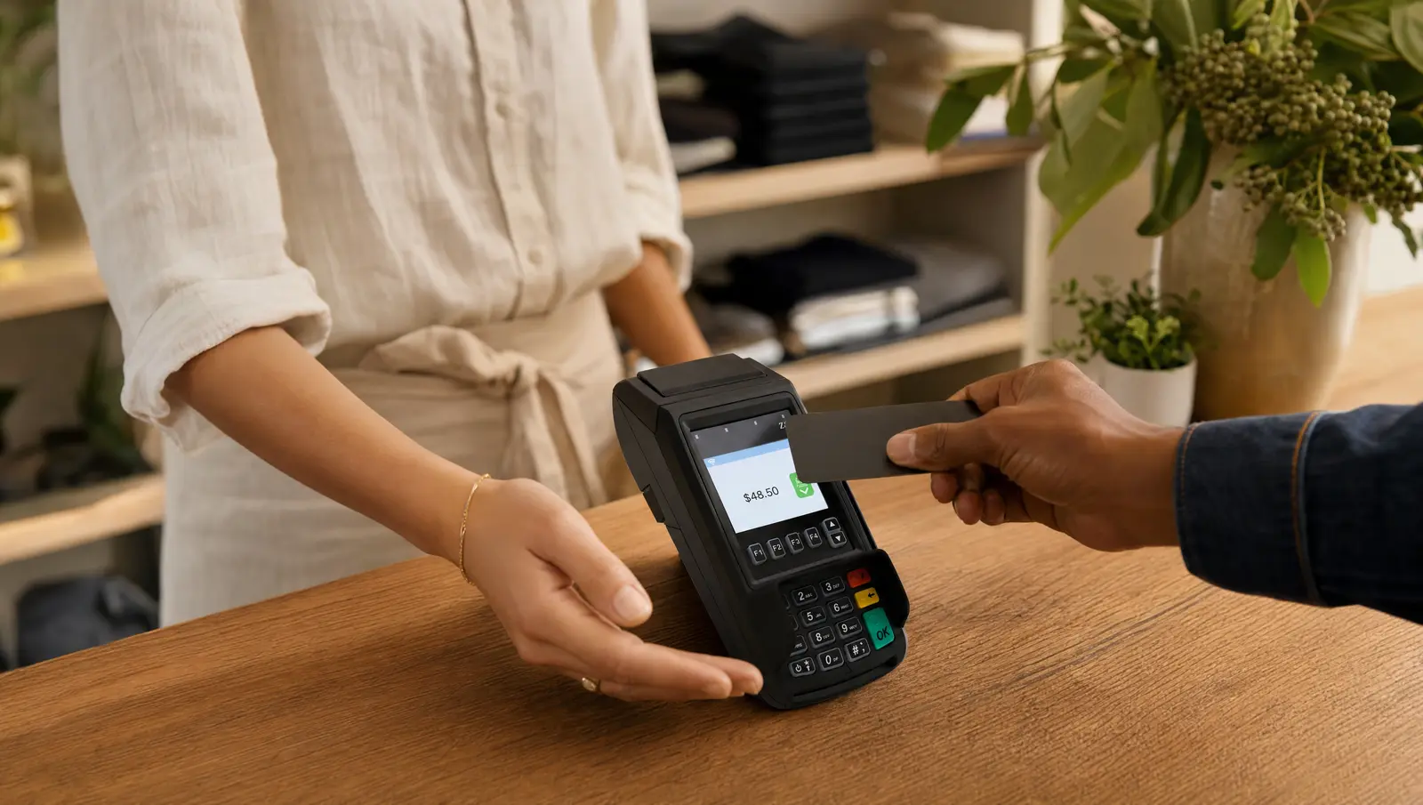 A shopper pays at a boutique checkout counter on a black Dejavoo countertop card terminal.