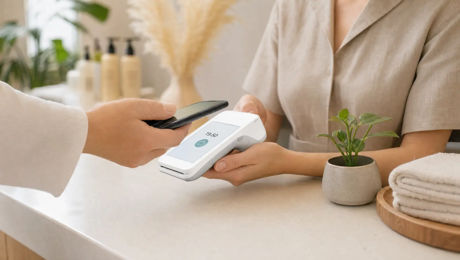 A client pays at a salon and spa front desk on a white PAX handheld card reader.