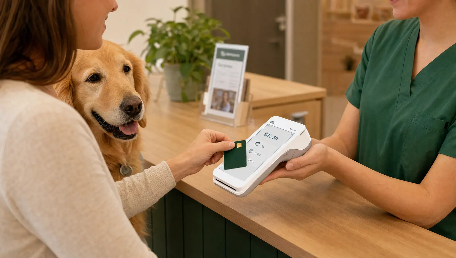 A pet owner with a golden retriever pays at a veterinary clinic front desk on a white PAX handheld card terminal.