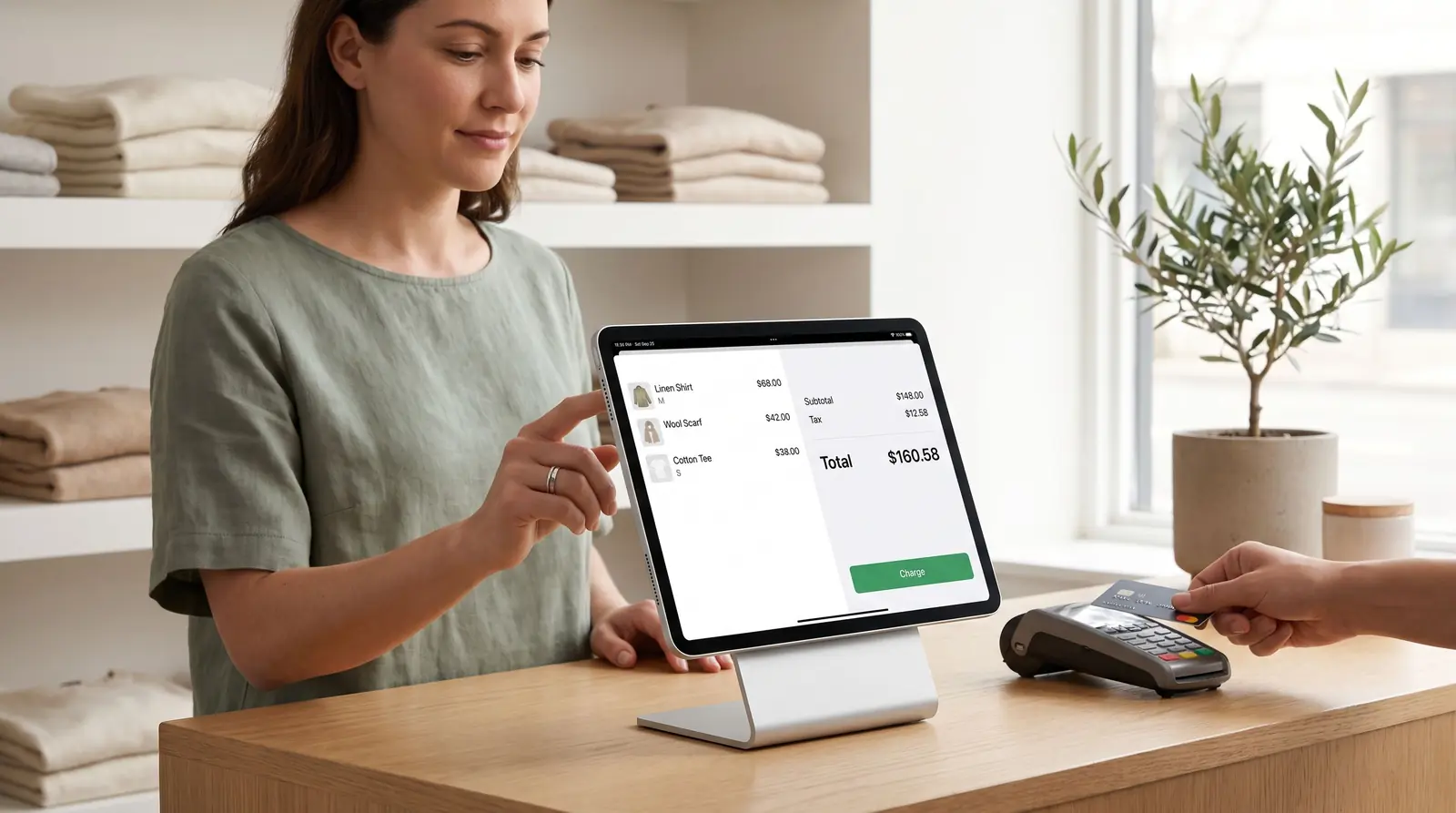 A boutique owner rings up a three-item sale on an iPad register in a counter stand while a customer taps a card on the terminal beside it.