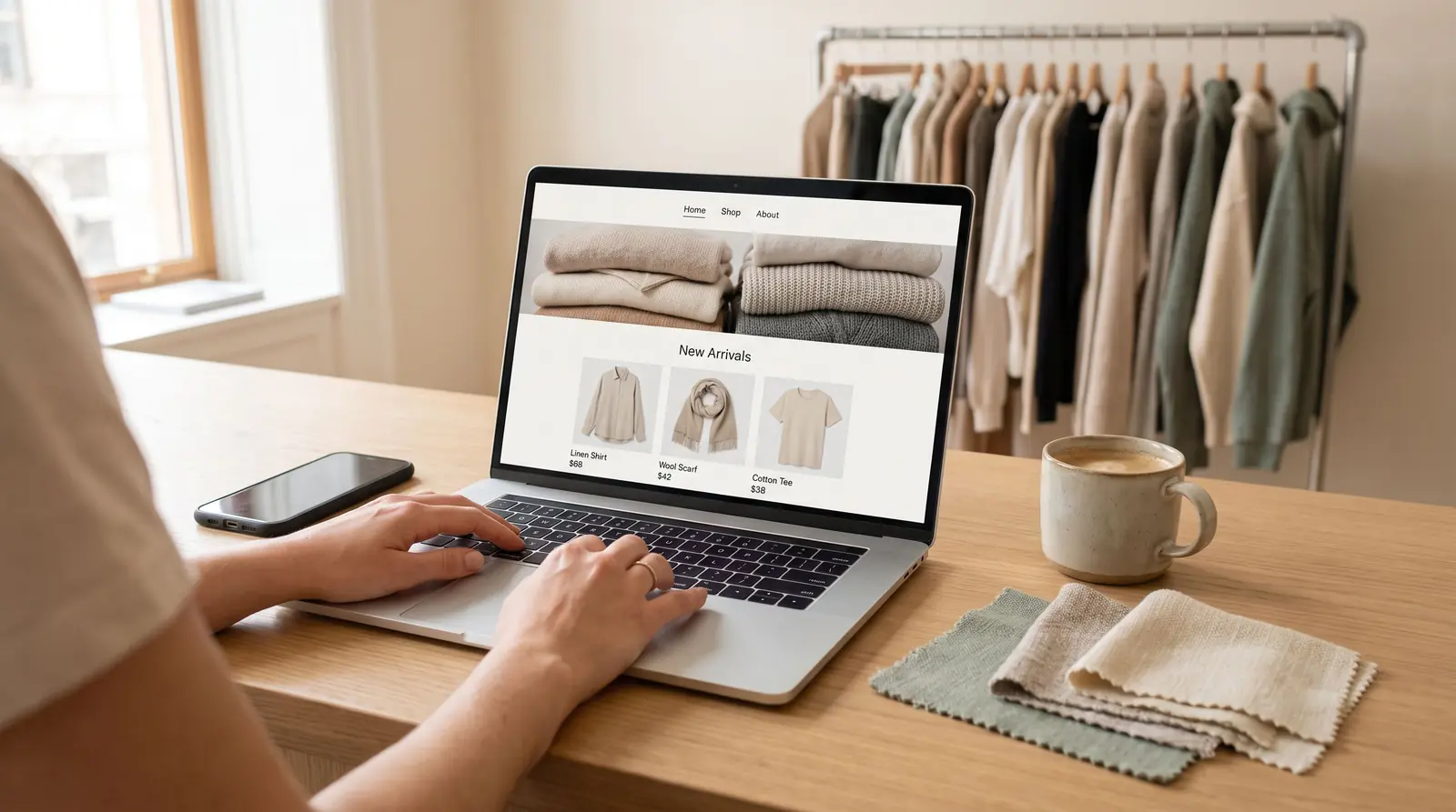 A retailer reviews their online storefront's new arrivals page on a laptop at the shop counter.