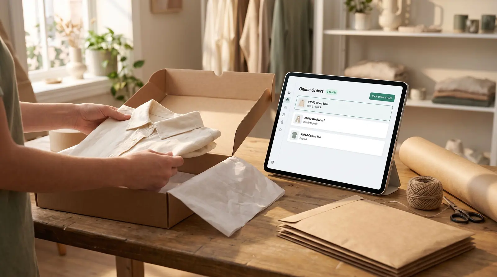 A boutique owner packs a marketplace order into a tissue-lined shipping box next to an iPad showing the day's online orders.