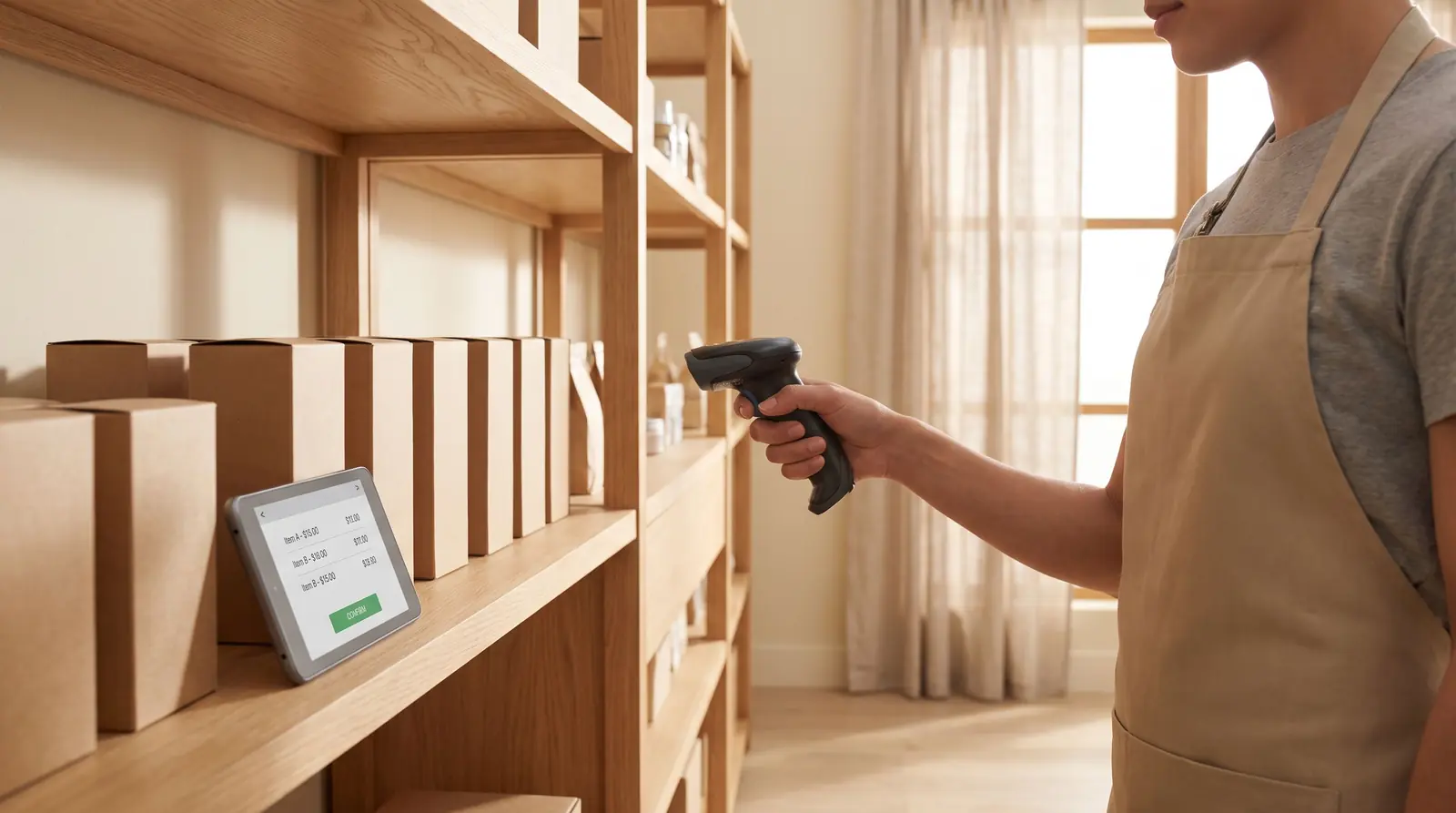 A staff member scans a shelf of boxed stock with a handheld barcode scanner beside a tablet resting on the shelf edge.